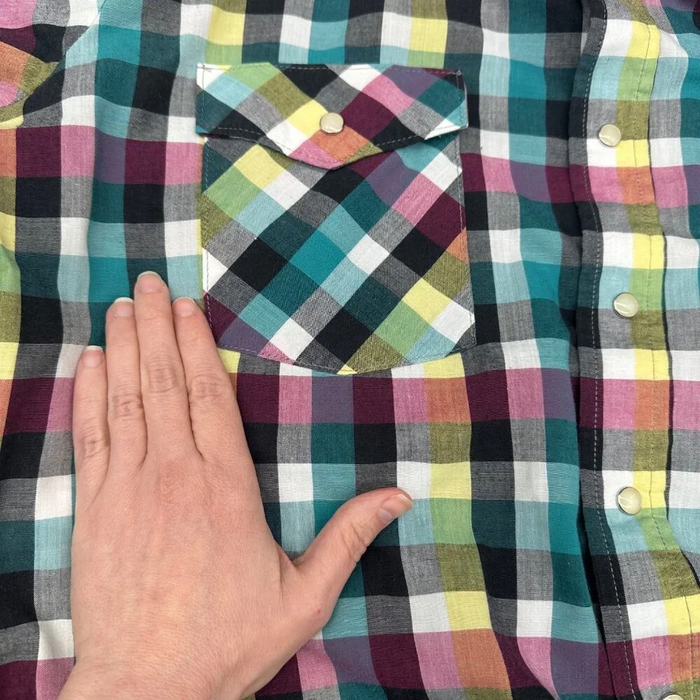 Vintage Saddle King Western Pearl Snap Plaid Shirt Cotton USA Made Teal Pink M/L - Picture 6 of 7